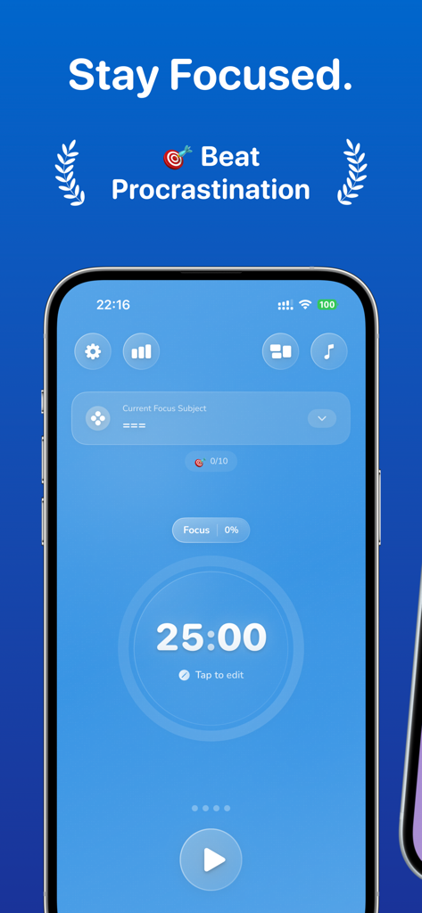 Pomodoro Focus Timer app interface displaying a 25 minute countdown on a blue minimalist screen