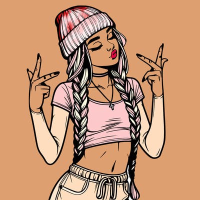 realistic teenage girl with braids and a beanie and crop top doing 🫶🏼