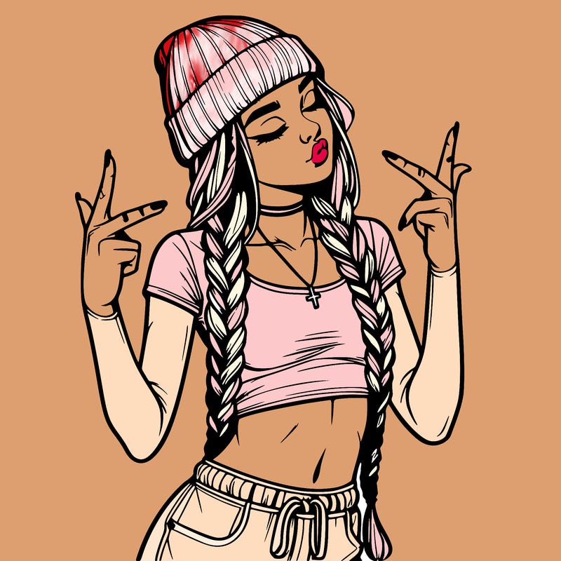 realistic teenage girl with braids and a beanie and crop top doing 🫶🏼
