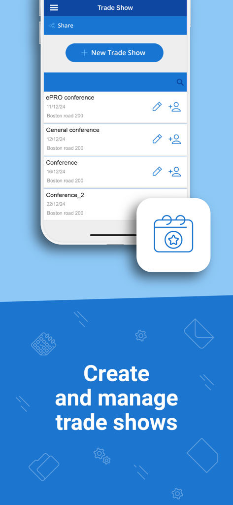 Bildschirm der Messe-Lead-Erfassungs-App, der eine Liste erstellter Messeveranstaltungen und eine Schaltfläche zum Hinzufügen neuer Veranstaltungen anzeigt