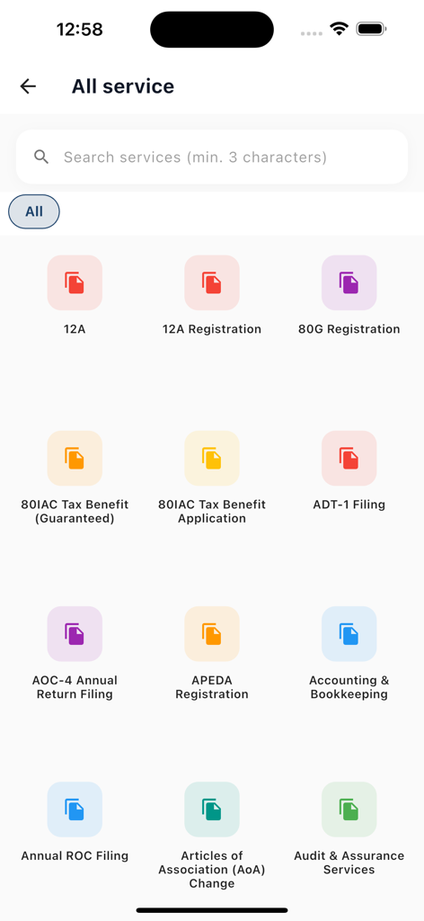 RegisterKaro - Um menu de serviços profissionais no aplicativo Register Karo, incluindo registro fiscal e contabilidade.