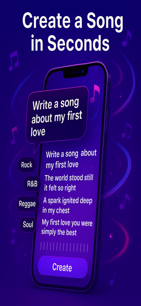 AI Music Generator: Lyric - Interface do aplicativo Gerador de Música IA mostrando um prompt de criação de música e letras geradas sobre o primeiro amor