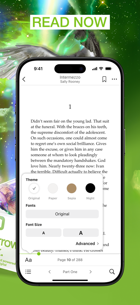BorrowBox mobile app showing ebook reader with font and theme settings
