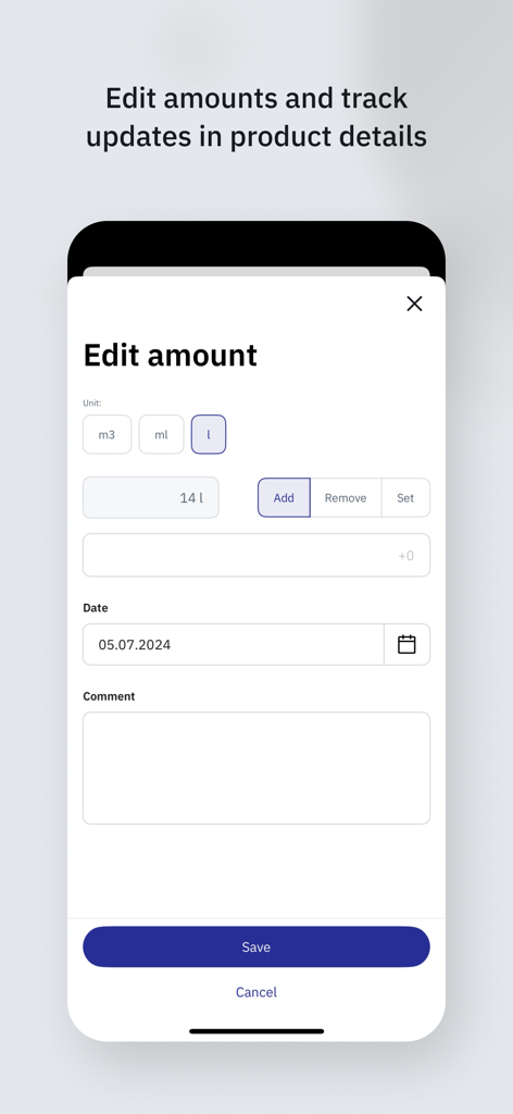 Mobile interface for editing chemical stock amounts and tracking inventory updates