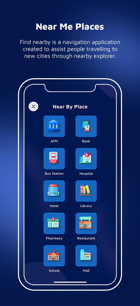 Clone App - Direct Chat - Mobile screen of Clone App showing the Near Me Places navigation tool with icons for local services