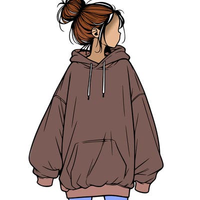 realistic girl with a oversized sweatshirt on and a bun