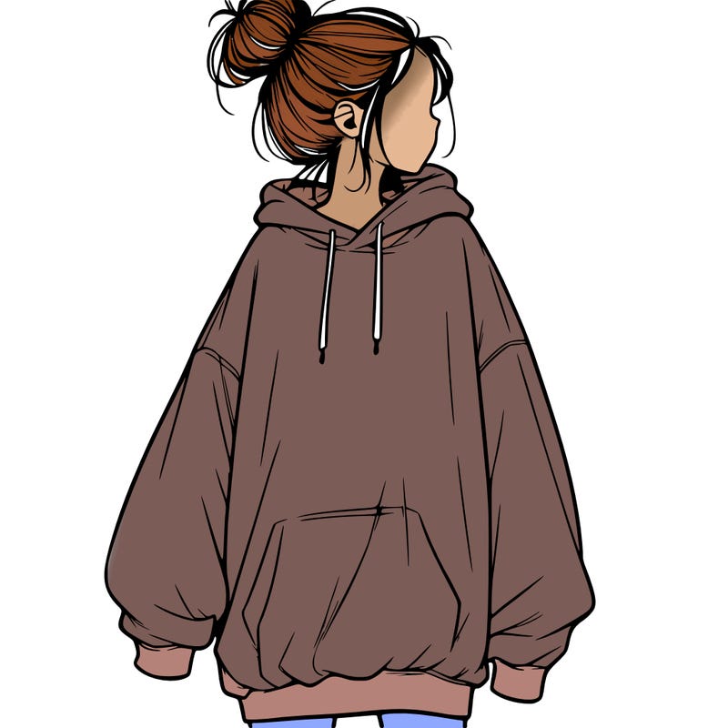 realistic girl with a oversized sweatshirt on and a bun