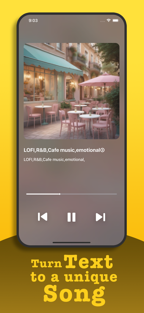 Song AI - AI Music - Smartphone displaying Song AI app music player with a generated track titled LOFI R&B Cafe music