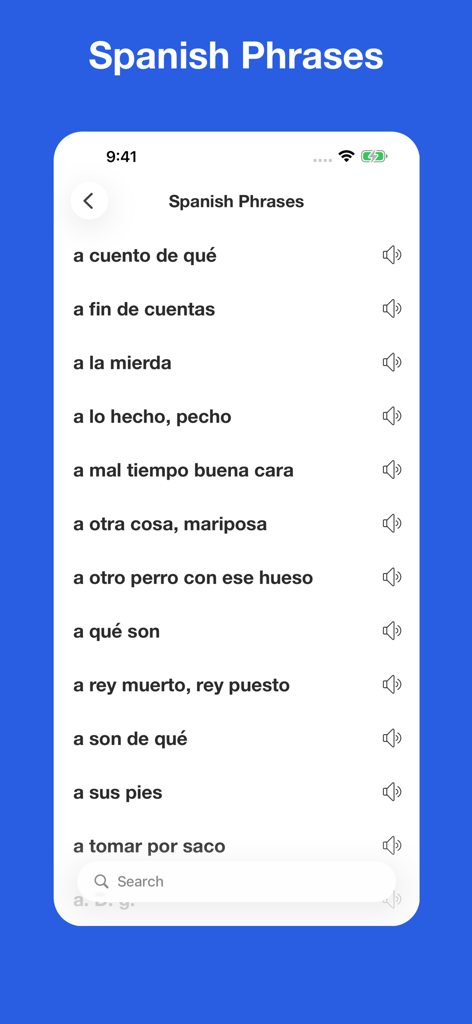 Spanish Idiom Dictionary - A list of Spanish idiomatic phrases with audio icons and a search bar in a mobile app interface