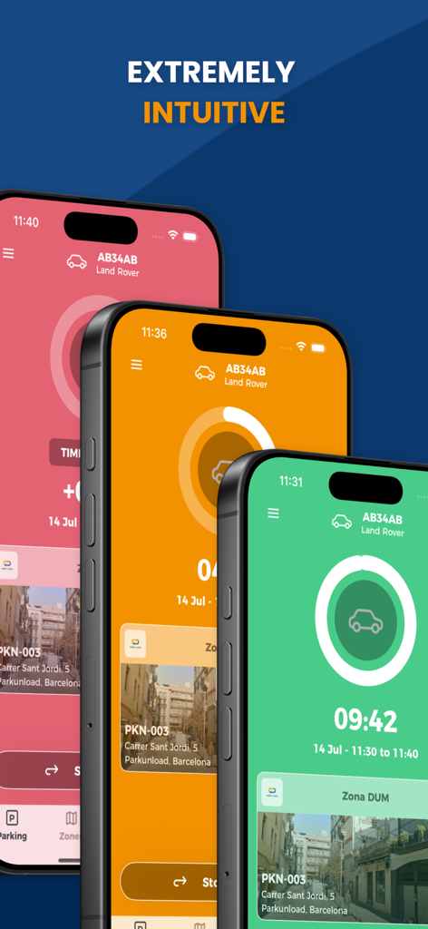 Parkunload mobile app interface showing intuitive green orange and red parking status timers