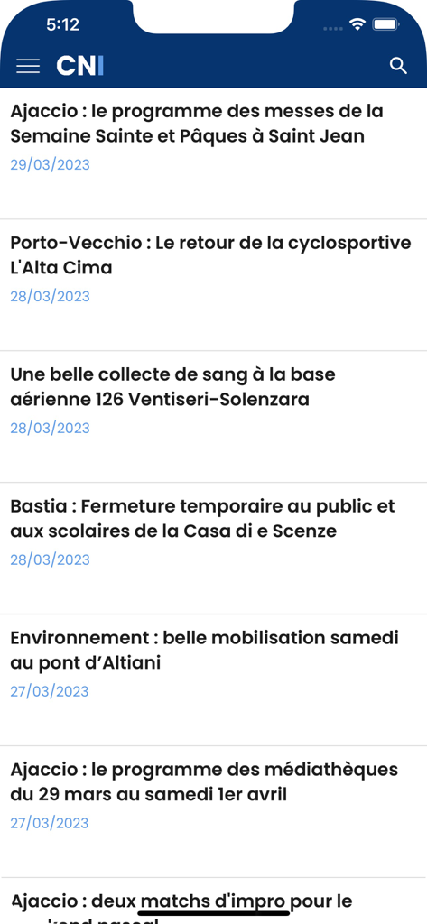 Interface of the Corse Net Infos app displaying a news feed with headlines from Corsican cities like Ajaccio and Bastia.