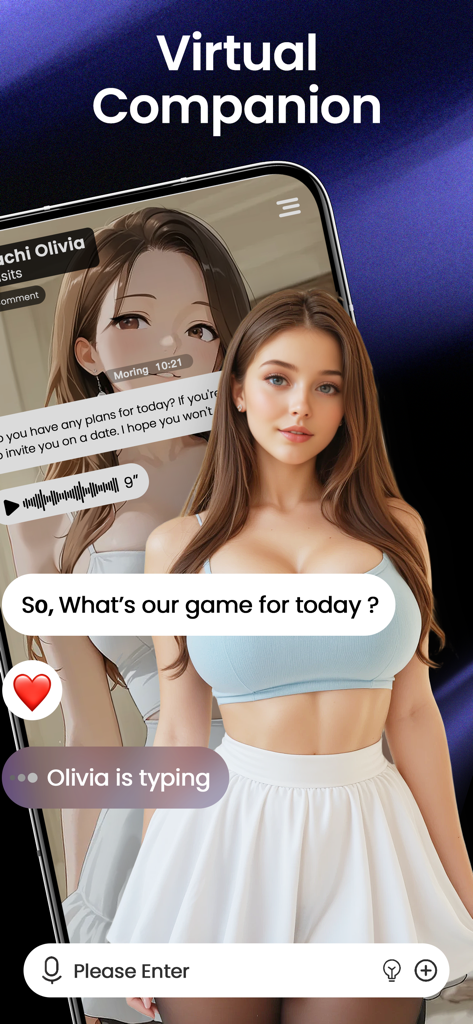 Pantalla de chat del compañero virtual de IA SeaArt con un personaje de IA femenino llamado Olivia.