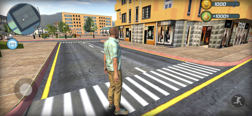 Third person view of a character standing on a city crosswalk in the Go To Street 2 game.