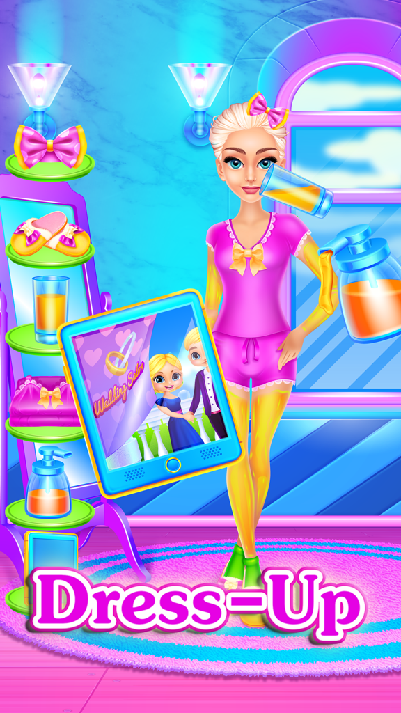 Crazy Slumber Party - Makeup, Face Paint, Dressup, Spa and Makeover - Girls Beauty Salon Games - A girl character in pink pajamas with fashion accessories and a digital tablet in a dress-up game screen