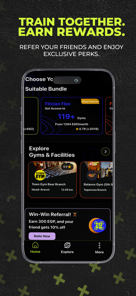 FitClan: Your Fitness Hub - FitClan mobile app screen showcasing gym membership bundles and friend referral rewards.