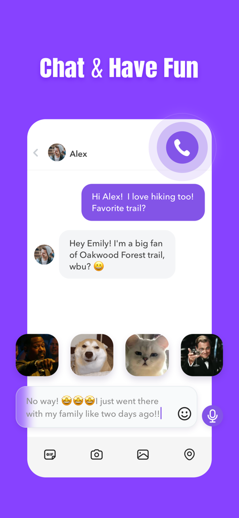 A mobile interface for the Duet dating app showing a chat conversation between two users with meme and voice call features