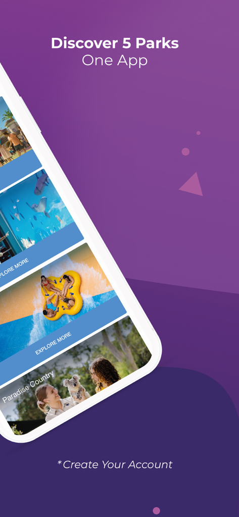 A phone screen showing the Village Roadshow Theme Parks app interface with five different theme park attractions.