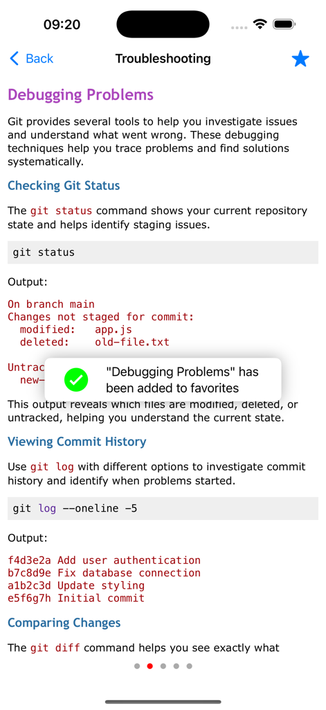 A mobile screen showing Git troubleshooting tutorials with a notification that a topic was added to favorites