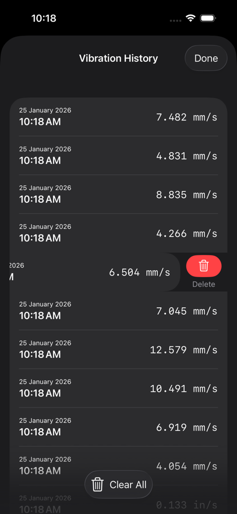 Vibration History screen showing timestamped vibration measurements in millimeters per second with a delete option