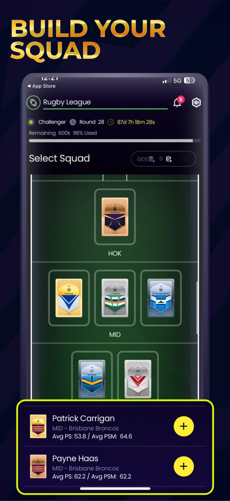 Game Day Squad mobile app interface for building a fantasy rugby league team with digital player cards