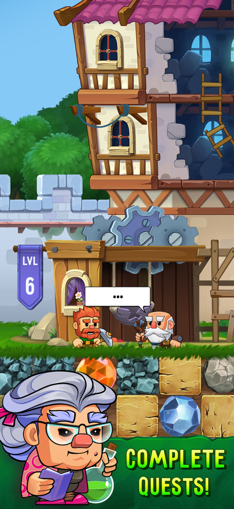 Dig Out! Mine Adventure - Characters in a cartoon village above underground gems with a text prompt to complete quests.