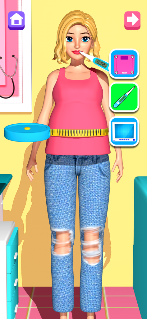 Simulation 3D d'une femme enceinte recevant un examen médical avec un thermomètre et un mètre ruban