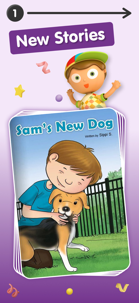 A digital storybook cover titled Sams New Dog with a boy and his pet on a kids bedtime story app