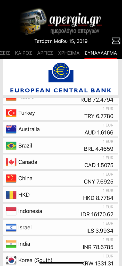 ApergiaGR Plus - Currency exchange rates screen in the ApergiaGR Plus mobile app showing Euro conversion for global currencies.