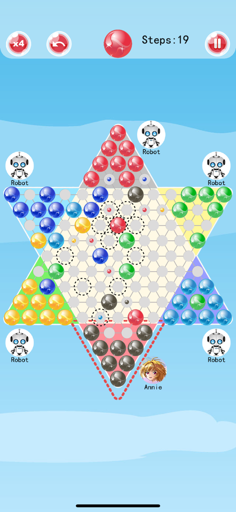 Chinese Checkers-A.I. Enhanced - A digital Chinese Checkers board game with colorful marbles and AI opponents on a star shaped board.