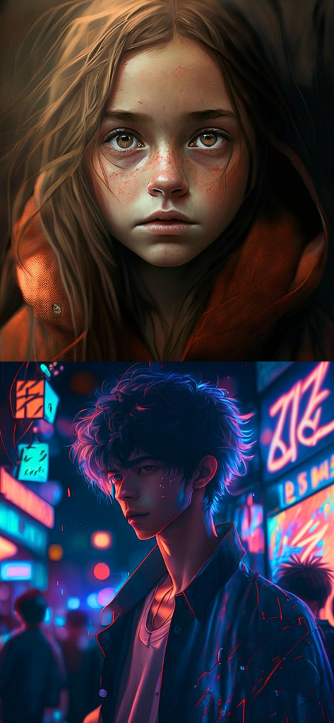 Retrato generado por IA de una chica y un chico jóvenes en un entorno de neón cyberpunk