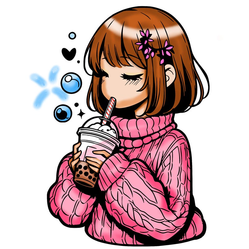 manga girl drinking boba in cozy sweater