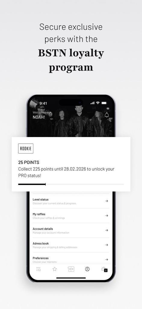 Programme de fidélité de l'application BSTN Store montrant les points et la progression du statut débutant