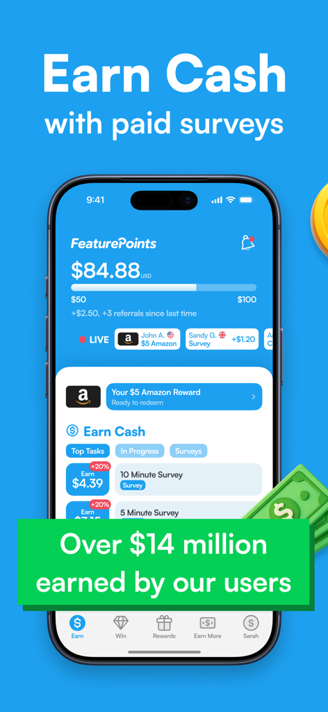 FeaturePoints: Get Free Cash - Mobile app interface of FeaturePoints showing users earning cash and gift cards through paid surveys.