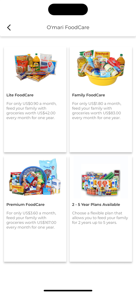 O'mari - Omari FoodCare mobile app screen showing different grocery insurance plans for families in Zimbabwe