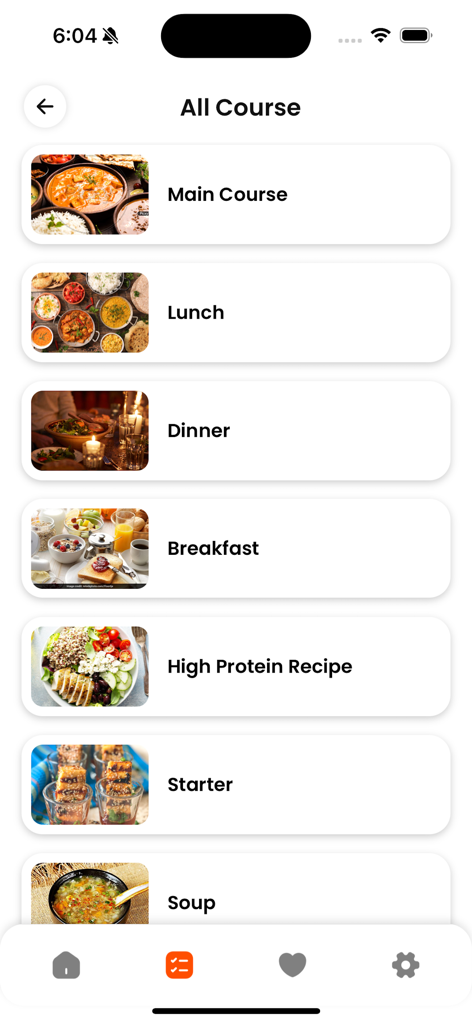 Cook Book - Recipe Keeper - A list of recipe categories in the Cook Book app including breakfast lunch dinner and high protein options