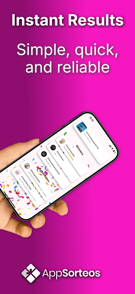 AppSorteos - Tela de smartphone exibindo vencedores de sorteio e substitutos com perfis de mídia social no AppSorteos