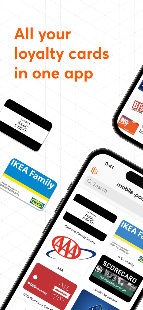mobile-pocket loyalty cards - スマートフォン画面に、Sephora、IKEA、CVSなどの小売店のデジタル会員カードが表示されているモバイルアプリのインターフェース。