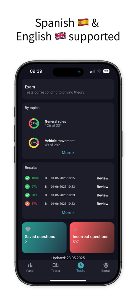 Interfaccia dell'app DGT exam TraficoTest che mostra i risultati del test e il supporto linguistico bilingue