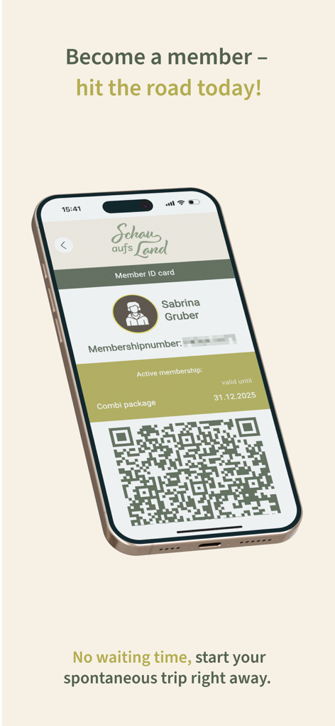 A smartphone screen displaying a digital member ID card with a QR code from the Schau aufs Land farm camping app