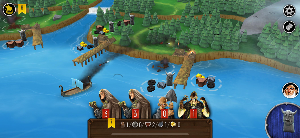 A screenshot of Raiders of the North Sea showing a Viking longboat and crew cards over a coastal map