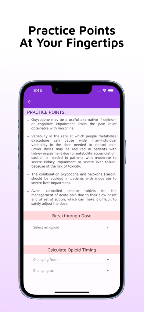 Tela do smartphone mostrando pontos de prática médica e ferramentas de cálculo de dosagem dentro do aplicativo Calculadora de Conversão de Opioides.