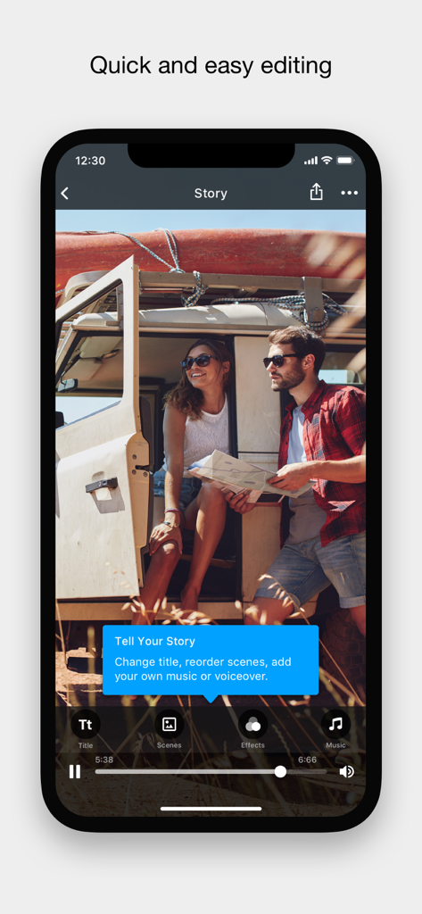 Interfaz de la aplicación RealTimes mostrando herramientas sencillas de edición de historias de video para un recuerdo de viaje.