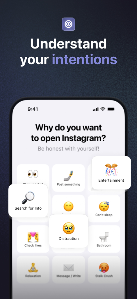A mobile interface asking the user why they want to open a social media app with options like distraction or entertainment.