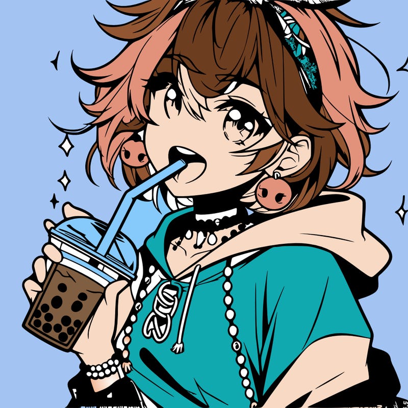 hot baddie anime girl drinking boba and biting the straw