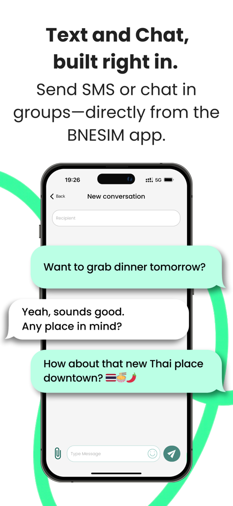 VirtualSIM by BNESIM - BNESIM app interface showing text and group chat features on a smartphone.