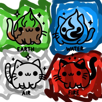 4 cats that represent the different elements, earth, water, air, and fire