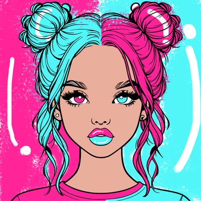 realistic girl with two buns in hair and lips