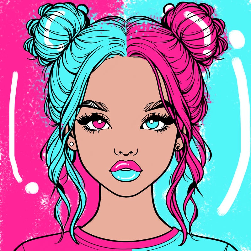 realistic girl with two buns in hair and lips