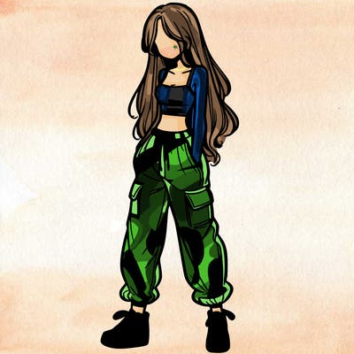 girl in baggy pants crop top and long hair