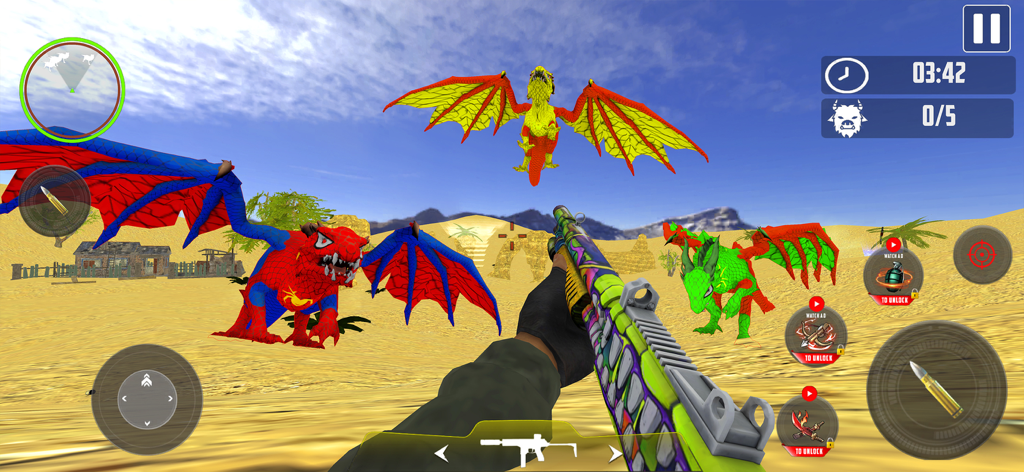 Animal Hunter: Dinosaur Games - First person shooter view of hunting dragons in a desert with a colorful rifle